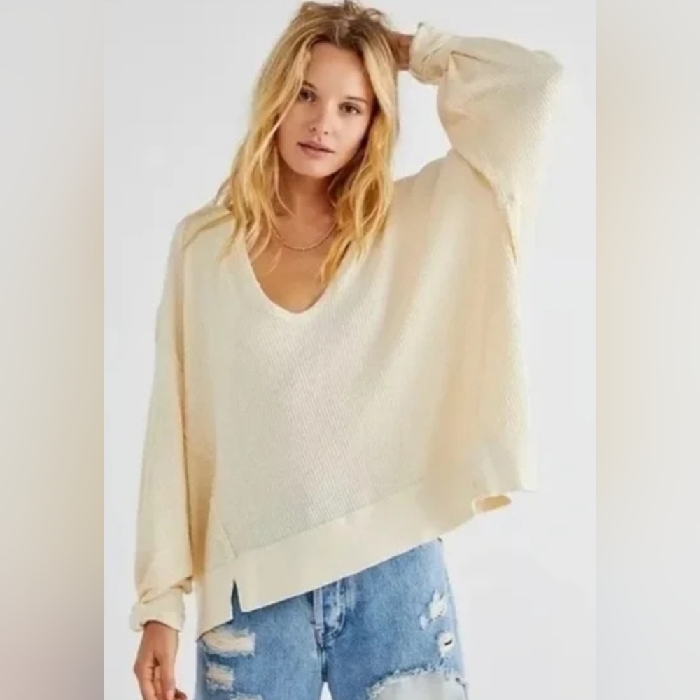 Free People, NWT, Santa Clara, Waffle Knit Top, Alabaster (Ivory) Sizes Med & XS